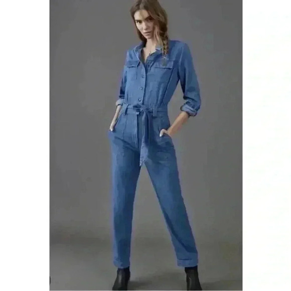 NWOT Anthropologie Pilcro Kora Classic Denim Button Front Belted Jumpsuit Sz XS - Picture 2 of 15